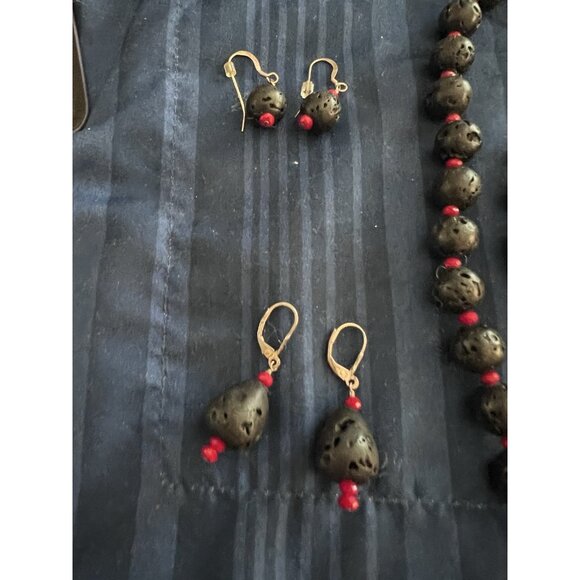 Natural Lava Stone Mala Bead Necklace, Bracelet Earrings Set. Adjustable - Picture 2 of 5